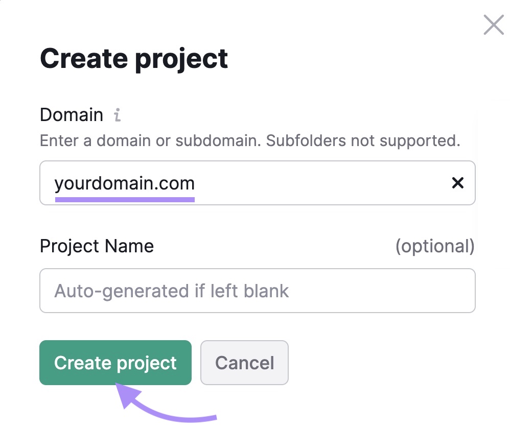 "Create project" pop-up window in Backlink Audit tool