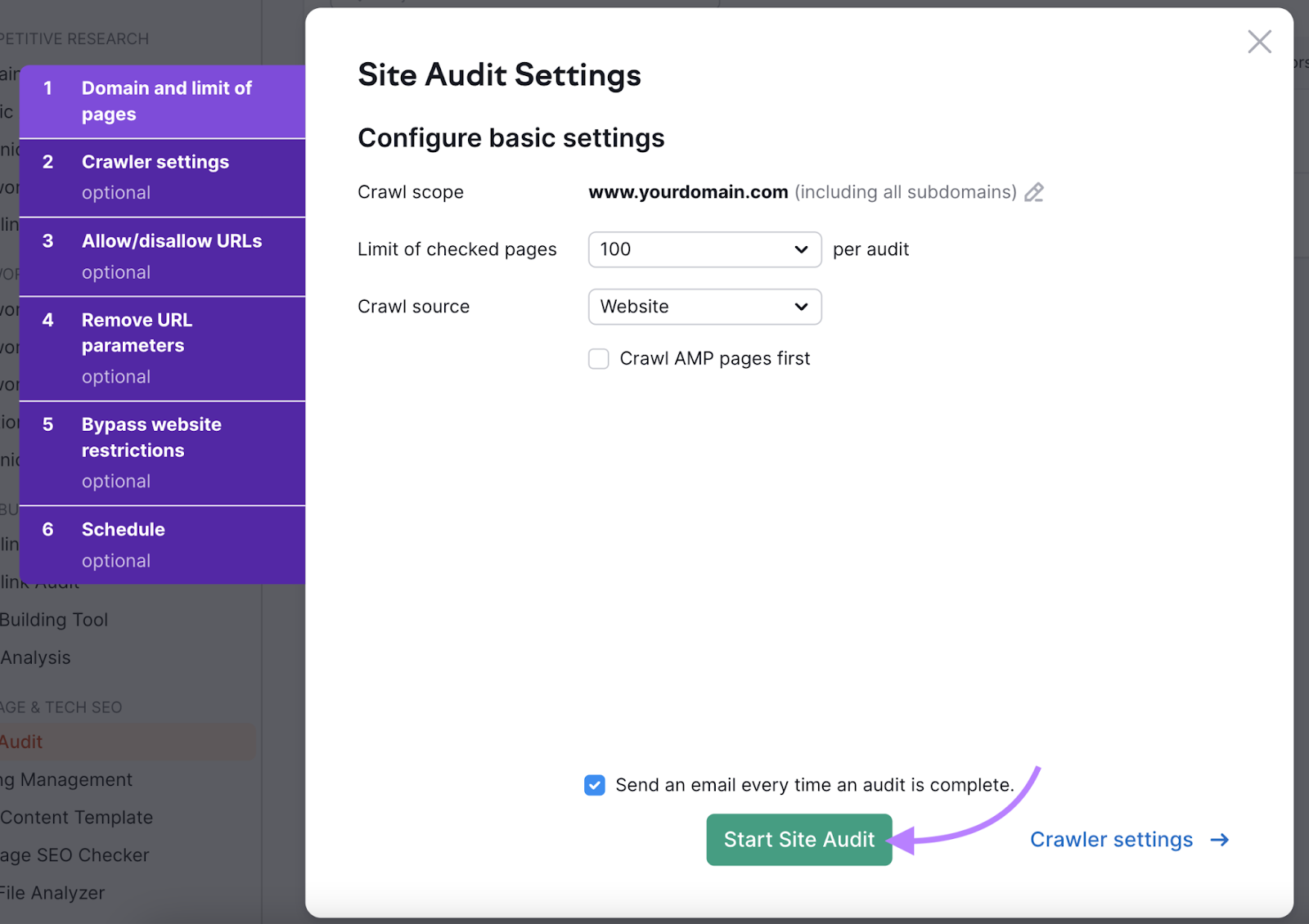 “Site Audit Settings” window