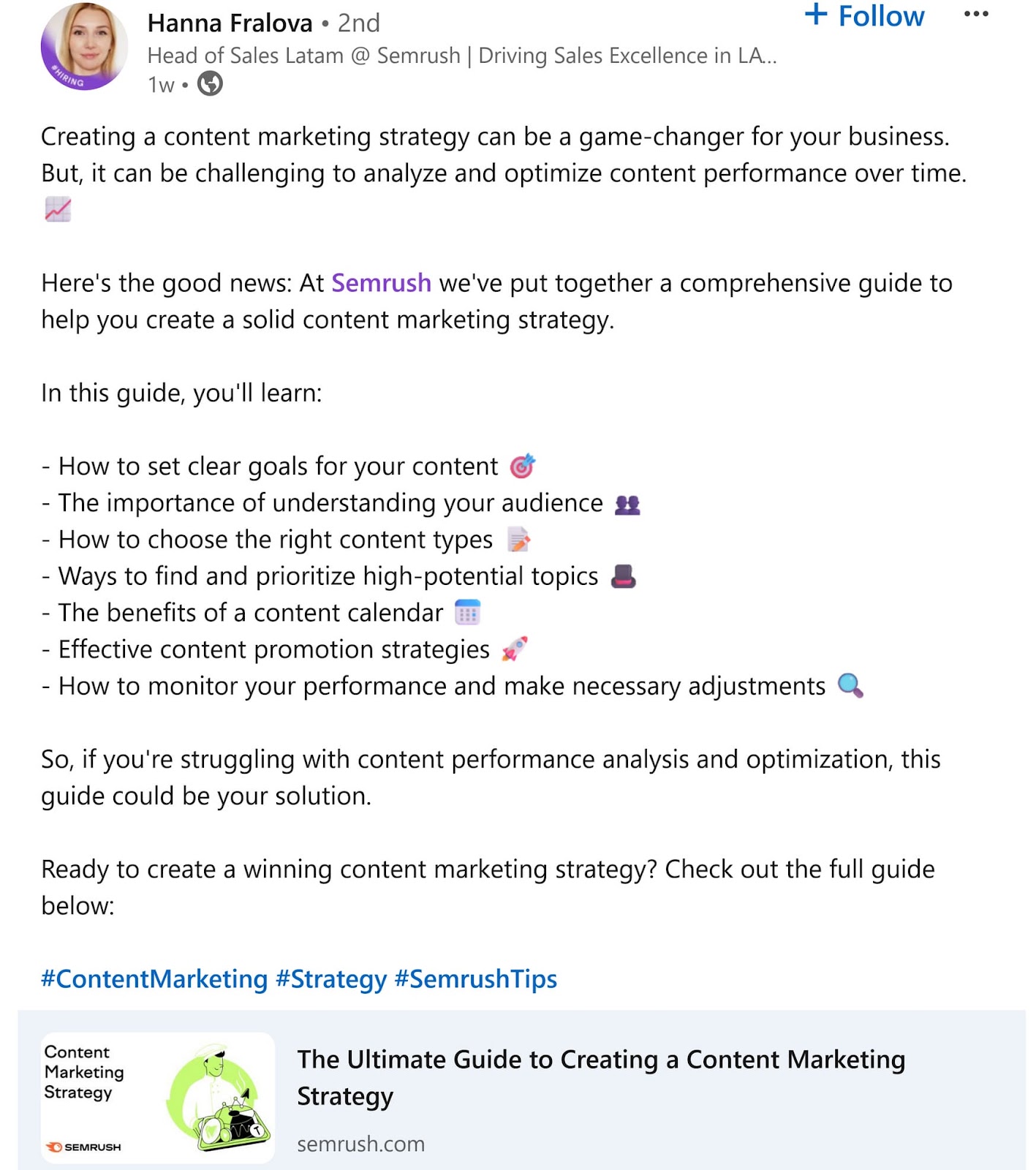 LinkedIn post by Head of Sales about a Semrush guide for creating a content marketing strategy