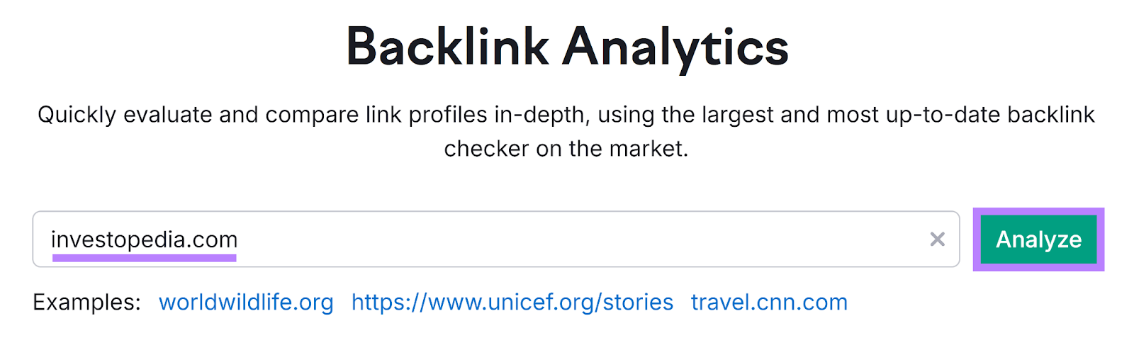 Backlink Analytics start with domain entered and Analyze button highlighted