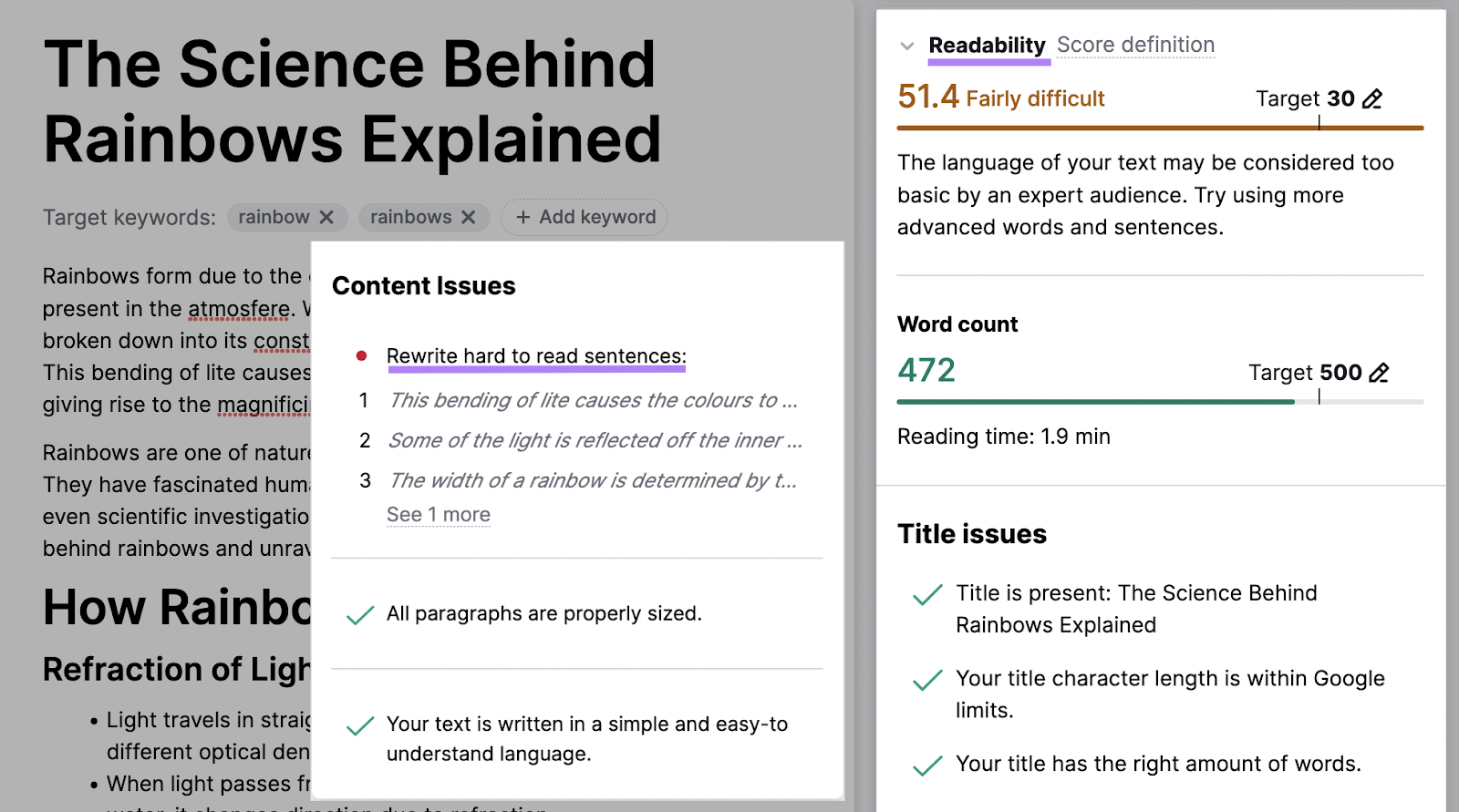 “Readability” tab in ContentShake AI