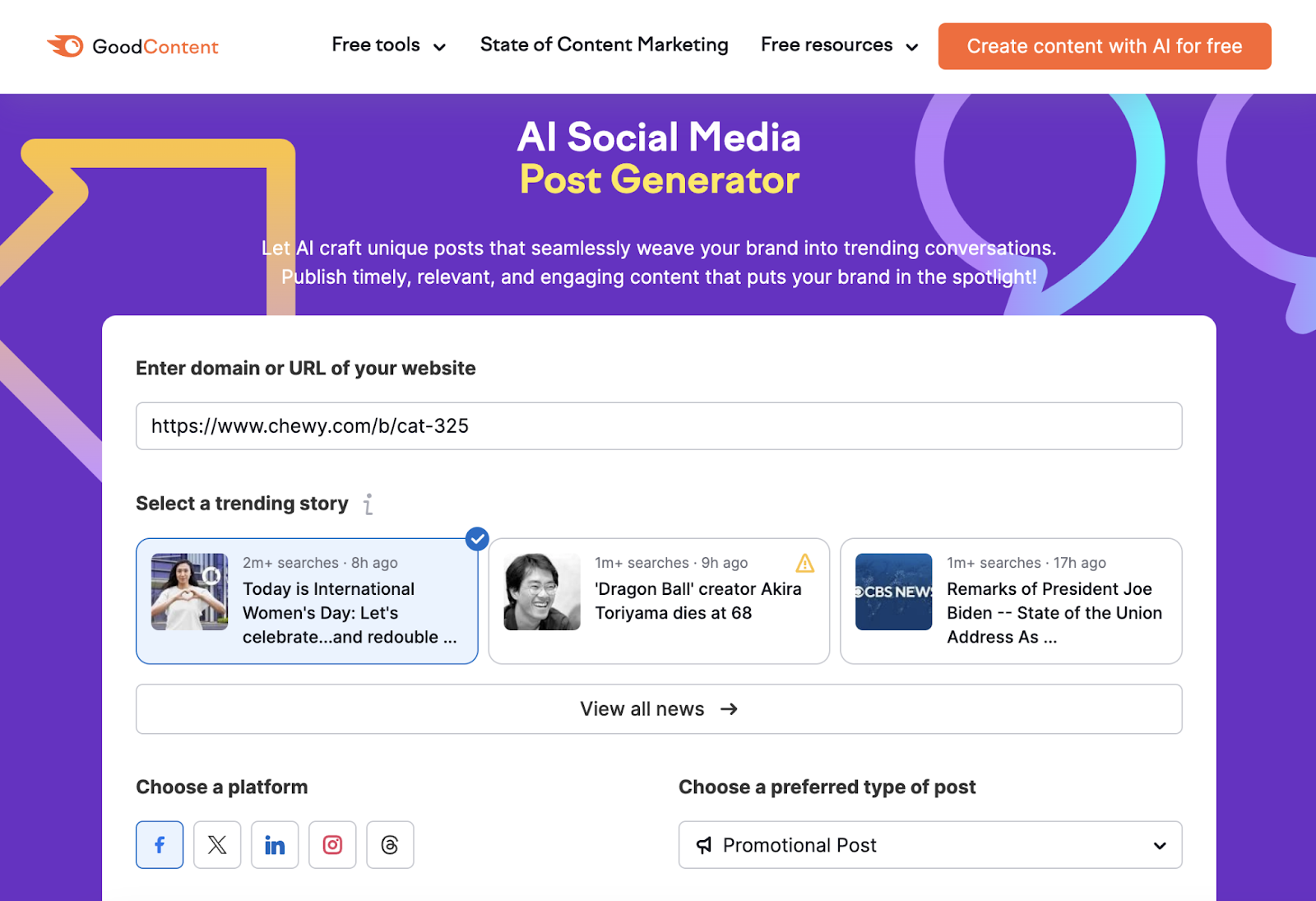 Semrush's AI Social Media Post Generator