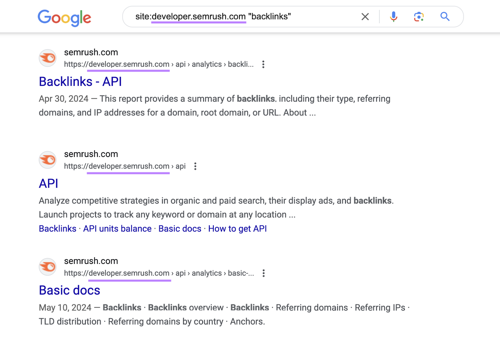 search results show page on Backlinks tool API, APIs, and basic docs about backlinks in Semrush tools