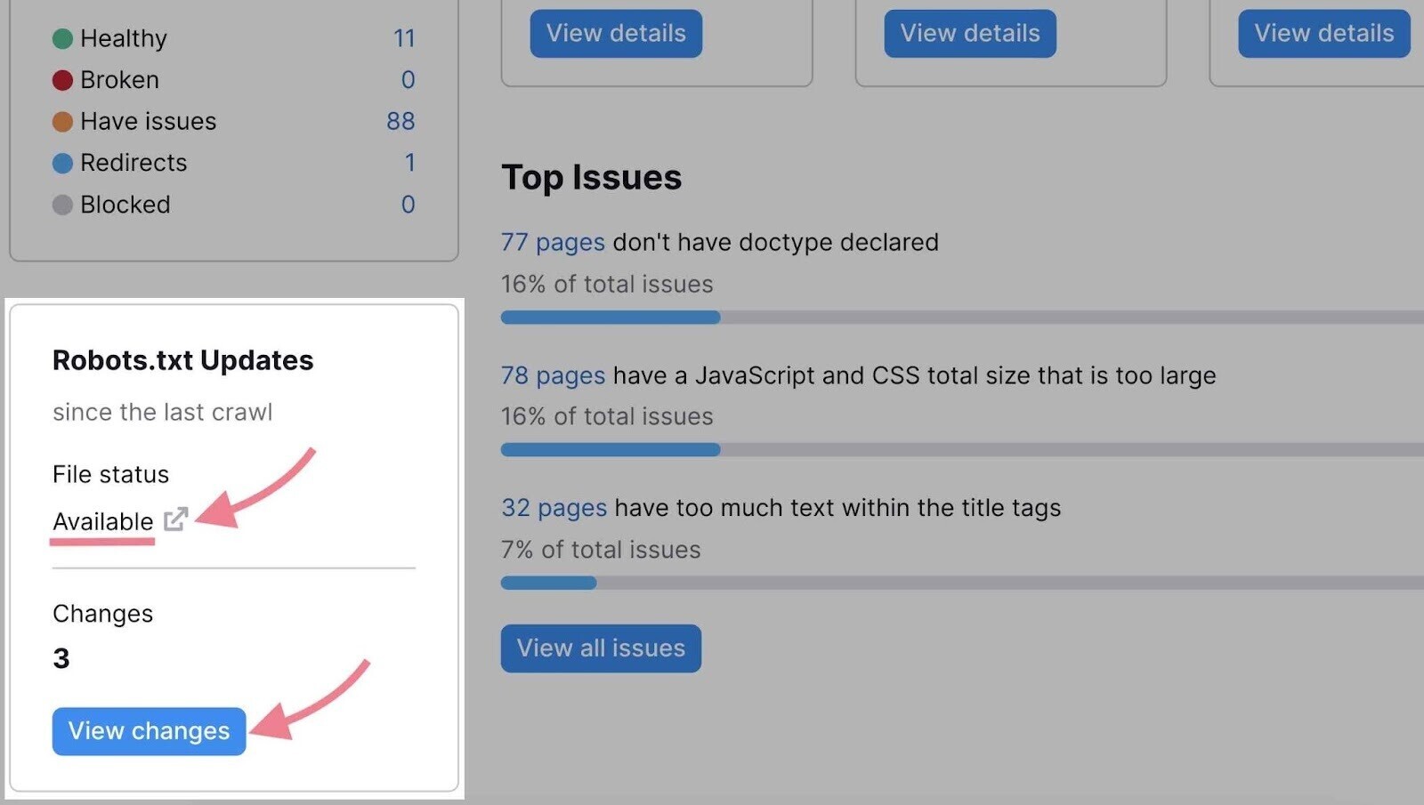 "Robots.txt Updates" box highlighted with the “View changes” button clicked