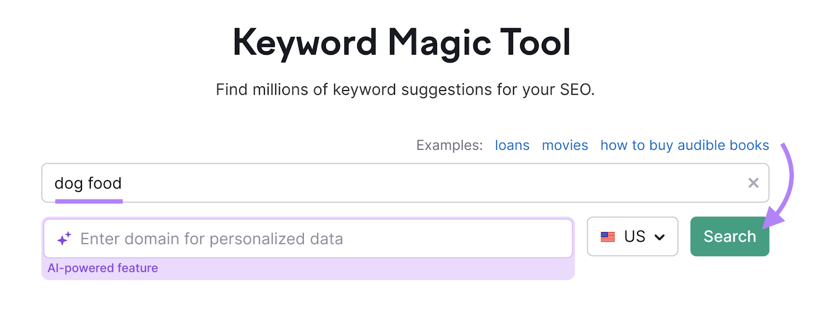 search for "dog food" in Keyword Magic Tool