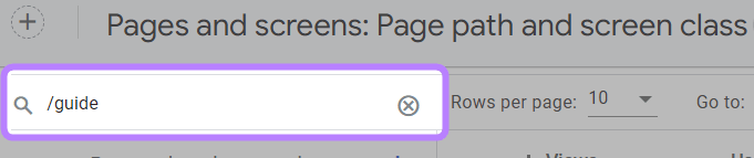 Searching for "/guide" within Google Analytics report