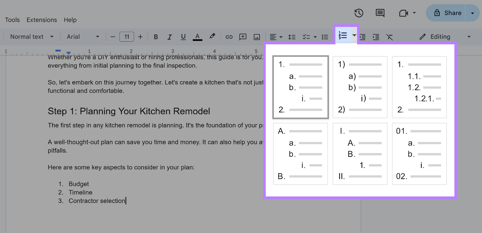 Numbered list dropdown options expanded and highlighted.