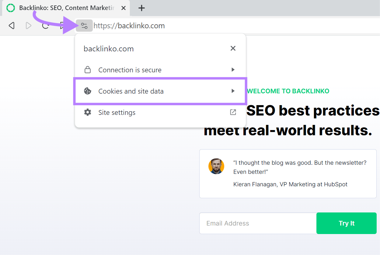 "Cookies and site data" highlighted in the "backlinko.com" browser