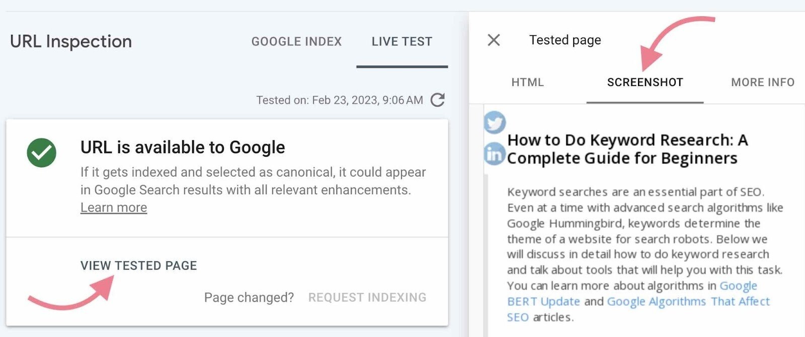 "View Tested Page" clicked on the left and the "Screenshot" tab clicked on the right of the "URL Inspection" page on GSC