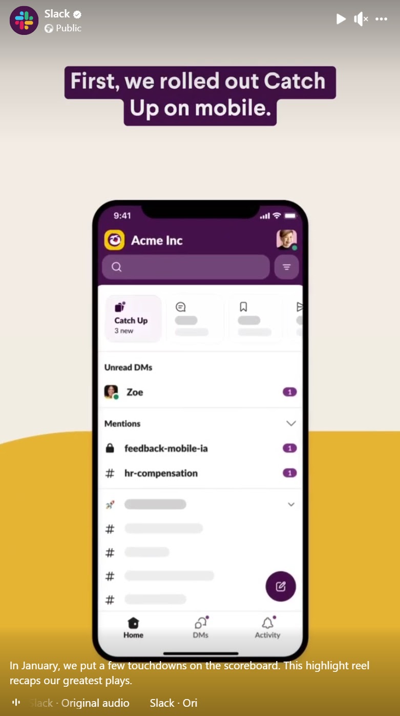 Slack's Instagram Reel highlighting a new product feature