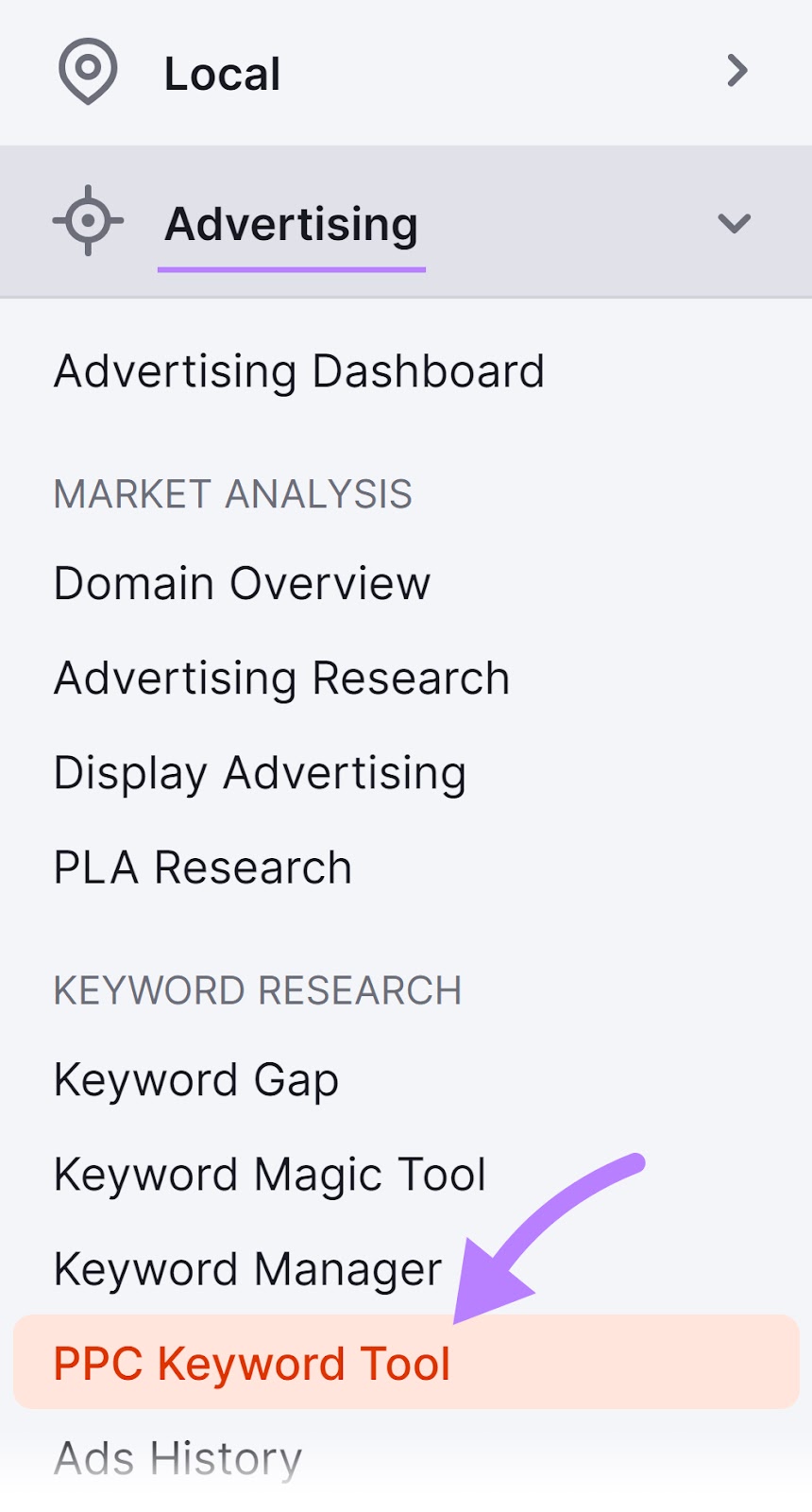 "PPC Keyword Tool" in Semrush menu