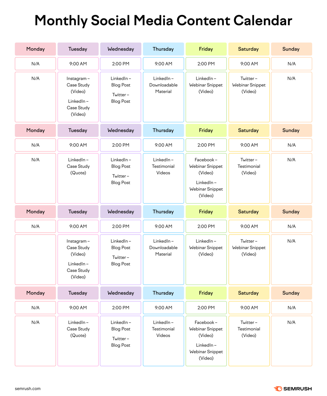 Monthly social media content calendar example with posts Tuesday through Saturday at specific times of the day, detailing the platform and content to post.