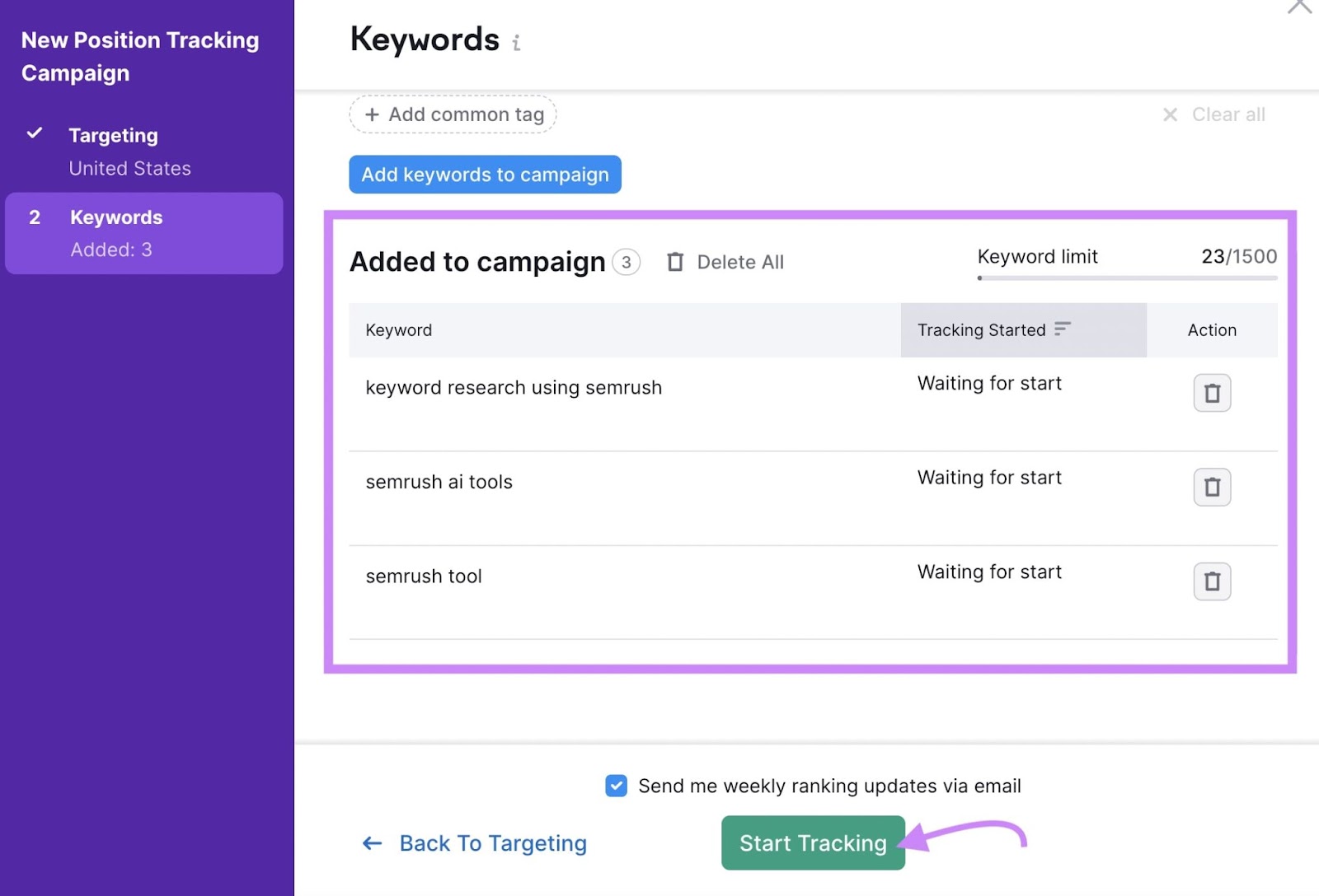 New Position Tracking Campaign settings