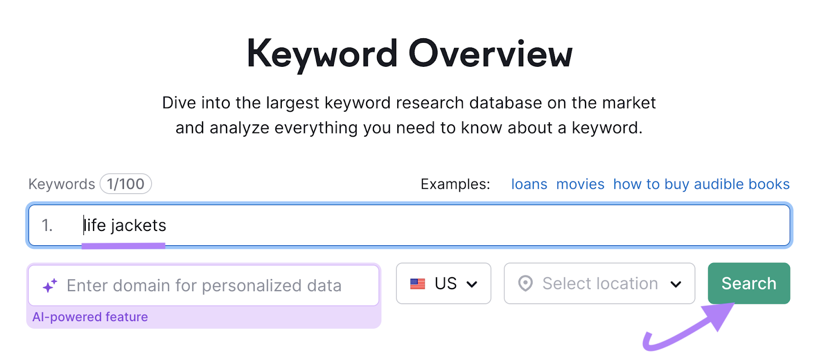 Semrush Keyword Overview tool with 'life jackets' in the search bar and search button highlighted