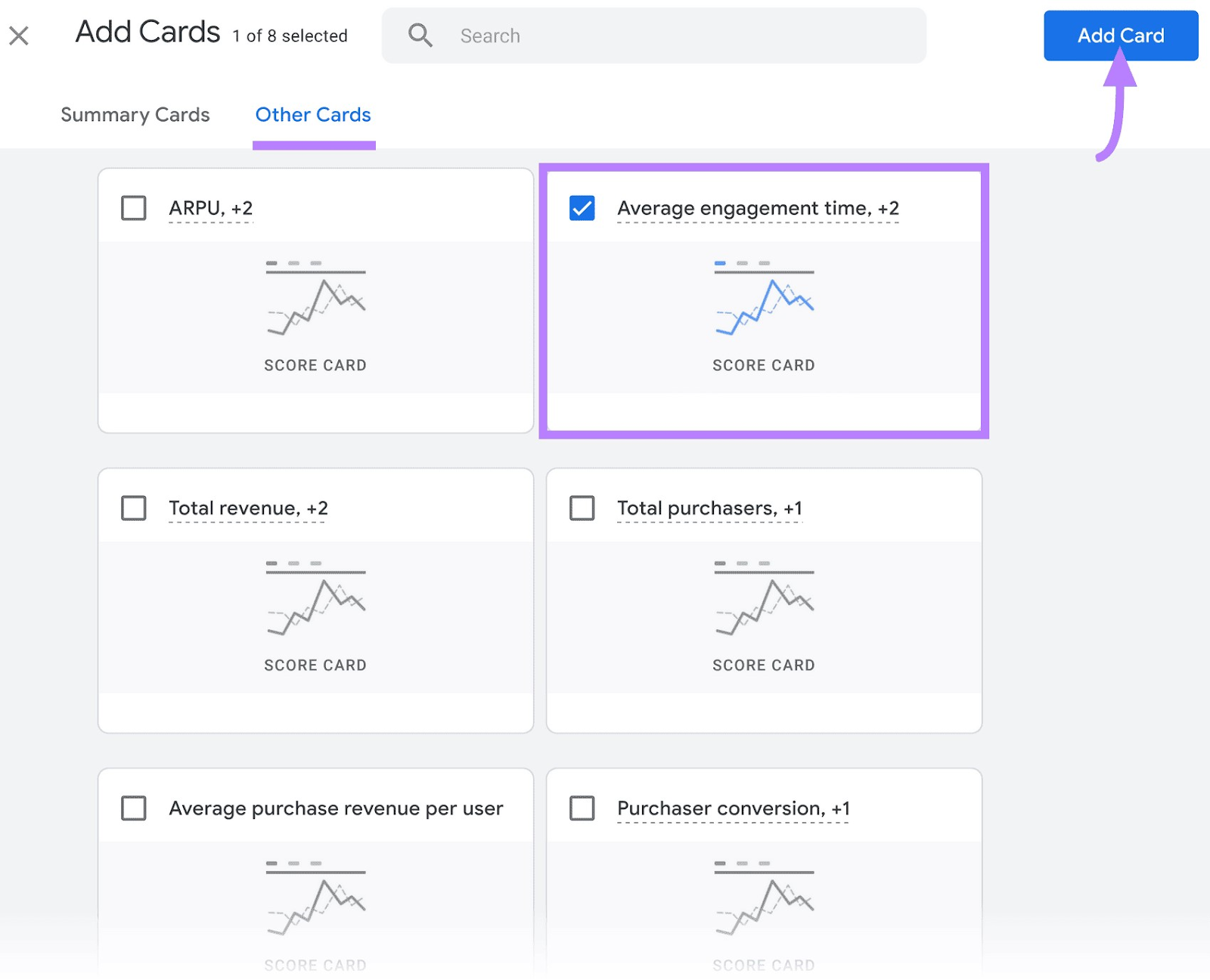 “Average engagement time, +2" card selected under the "Other Cards" tab