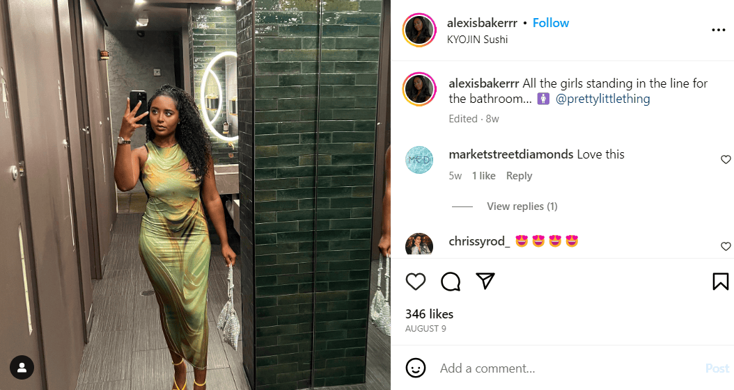 @aleksisbakerrr's Instagram post tagging @prettylittlething