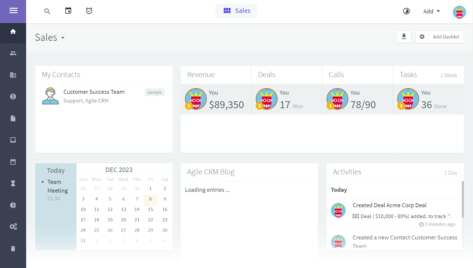 Sales dashboard in Agile CRM