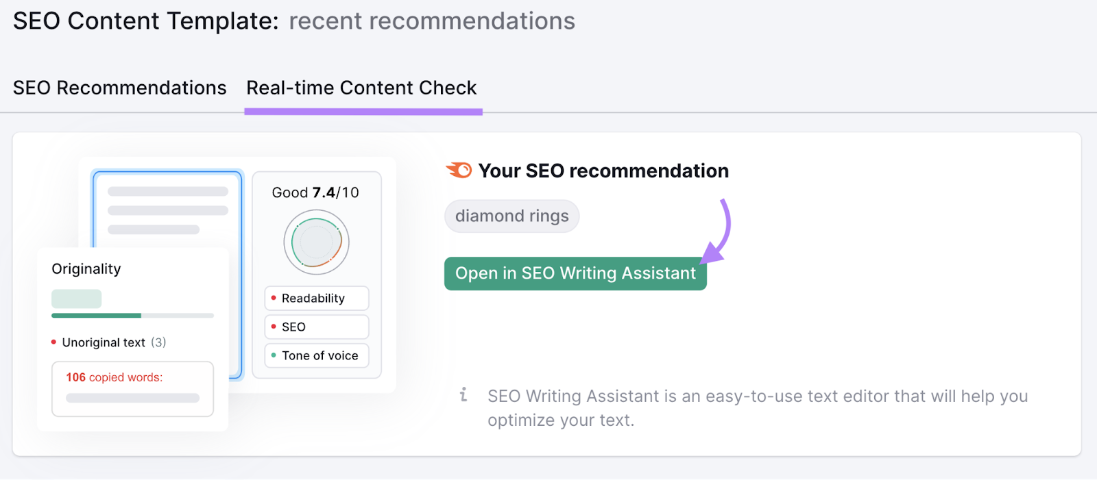 Real-time content check with arrow pointing to 'Open in SEO Writing Assistant' button in Semrush SEO Content Template