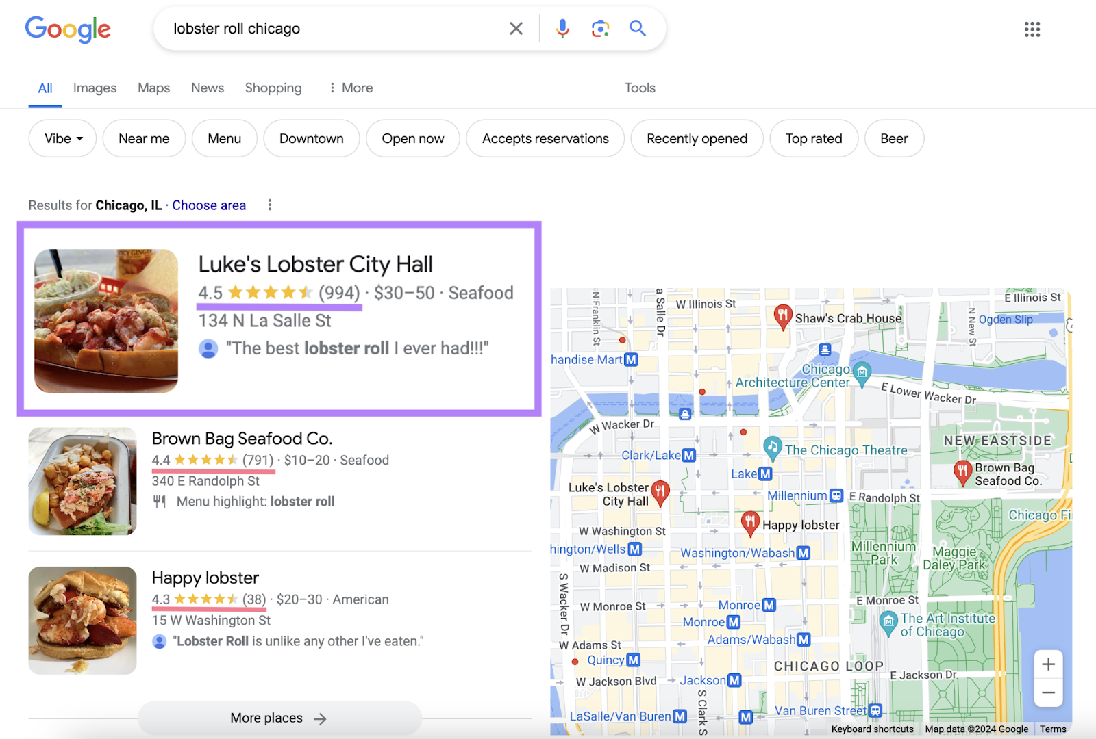 search for lobster roll chicago has top local pack result highlighted with most ratings and highest rating