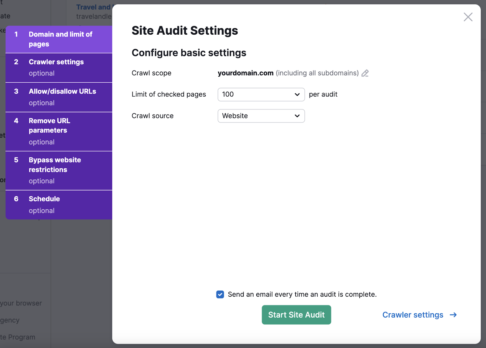 Site Audit Settings pop-up window