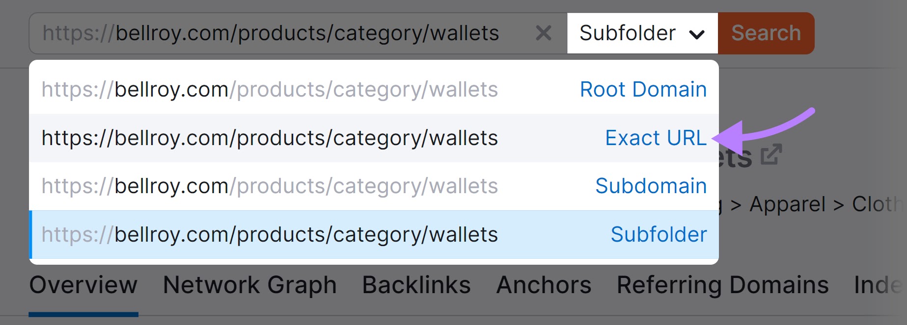 Backlink analytics dropdown menu