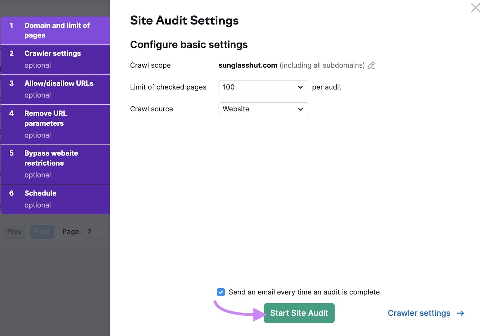 “Site Audit Settings” window