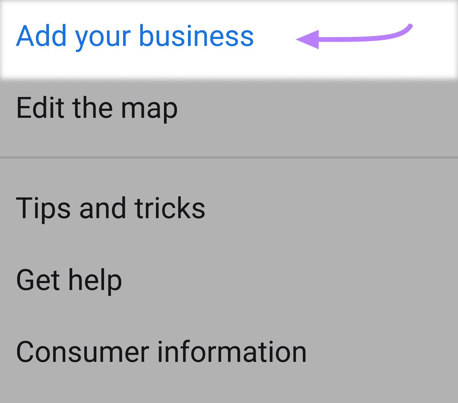 "Add your business" option highlighted in Google Maps menu