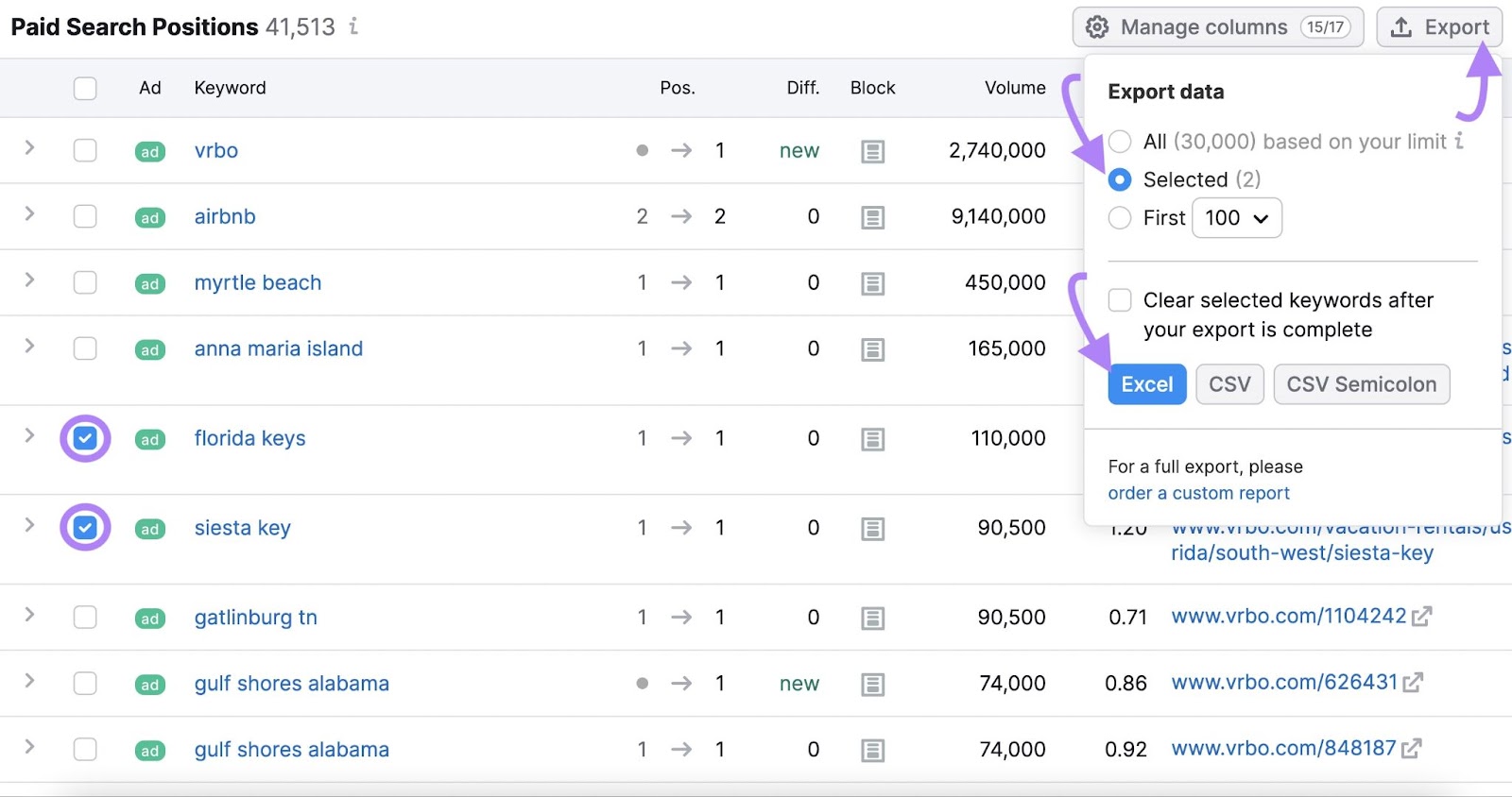 'Export' window in Semrush Advertising Research with vrbo.com keywords in 'Pair Search Positions' list checked