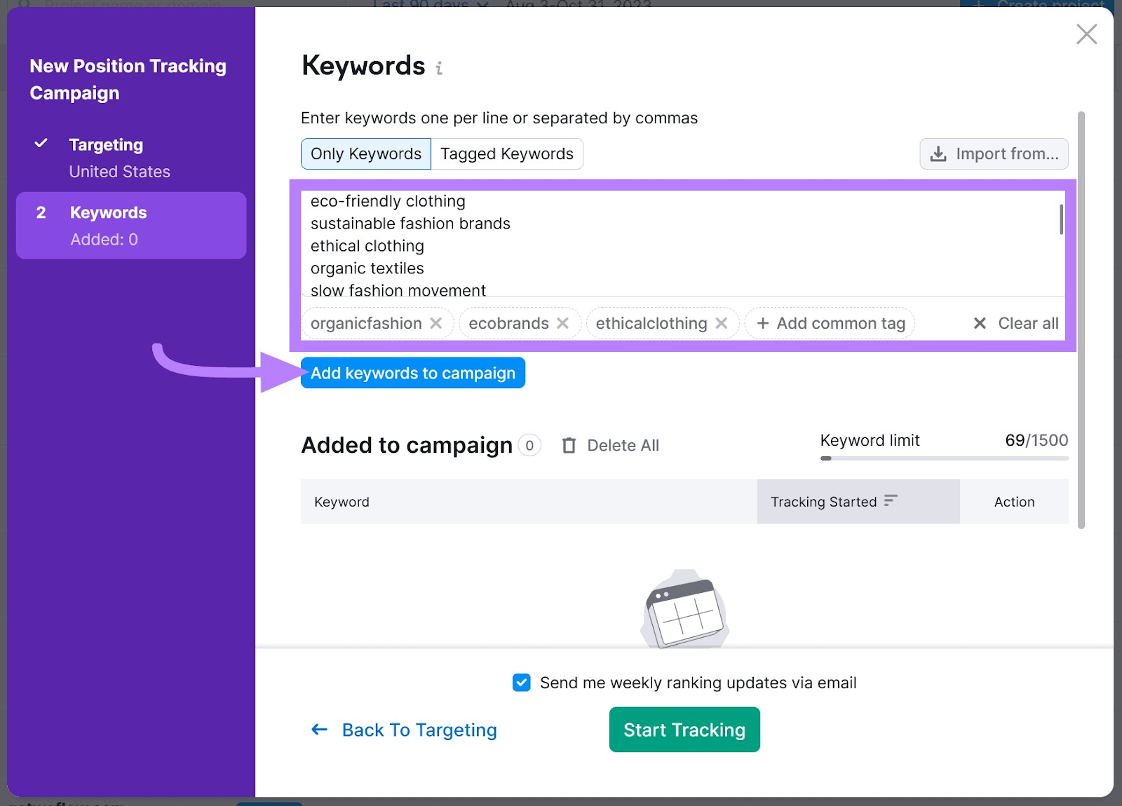 "Keywords" window in Position Tracking settings