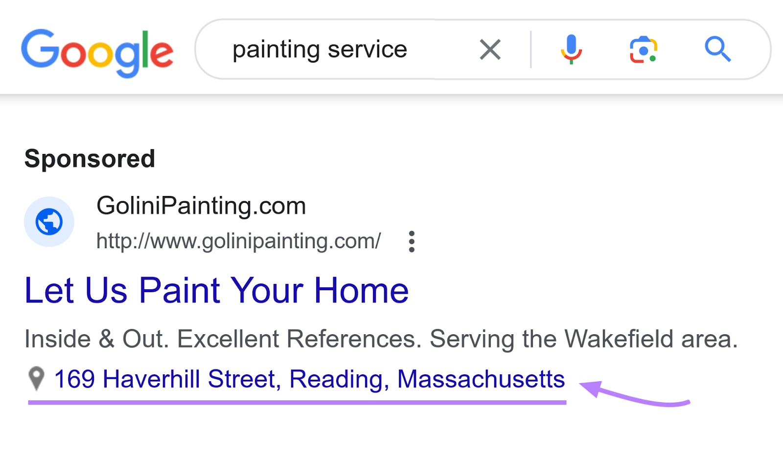 GoliniPainting.com ad on Google SERP with the address listed