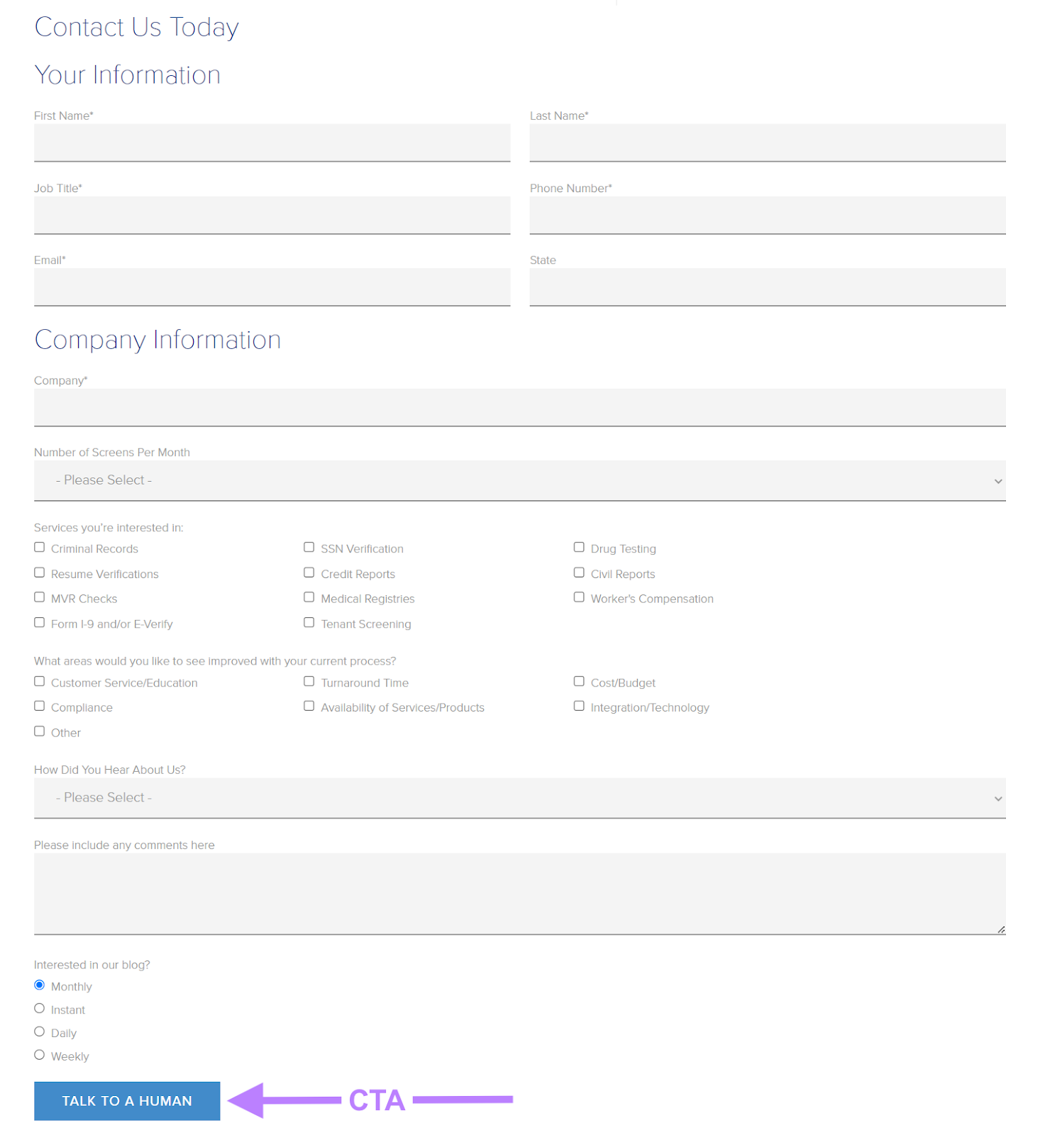 "Talk to a human" CTA on Choice Screening's contact form