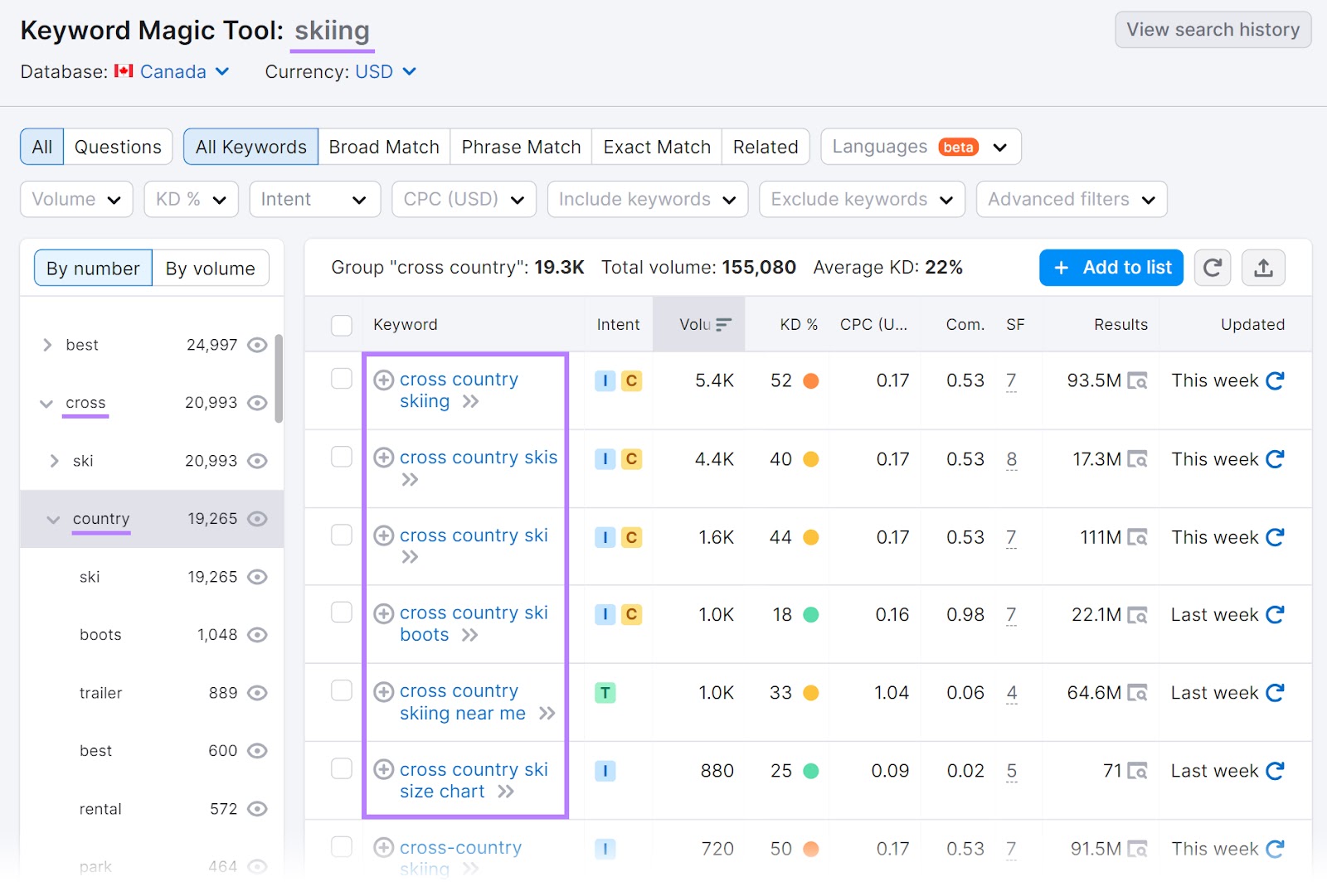 Keyword Magic Tool results for "skiing"