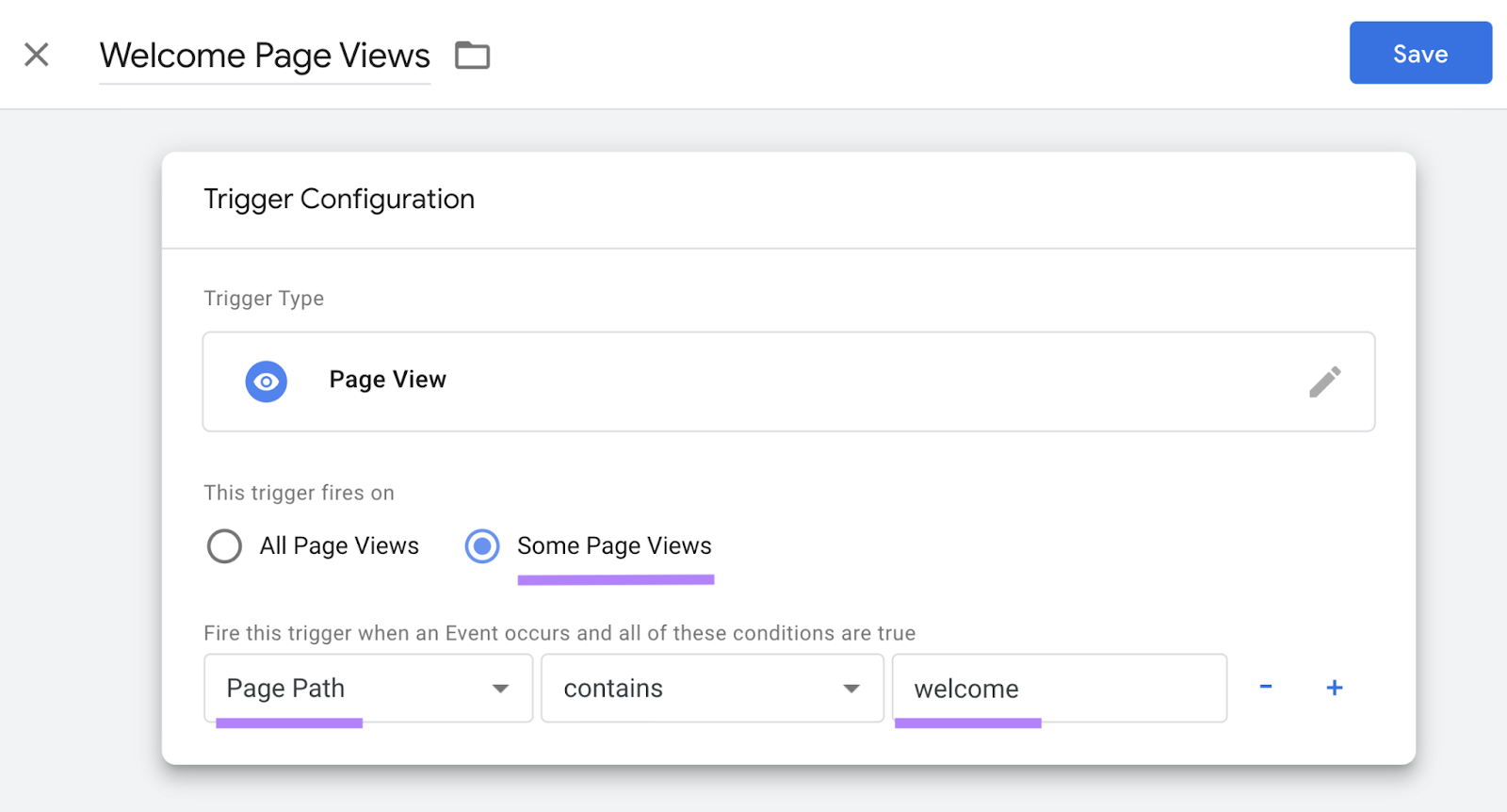 Adding a trigger where "Page Path" contains "welcome"