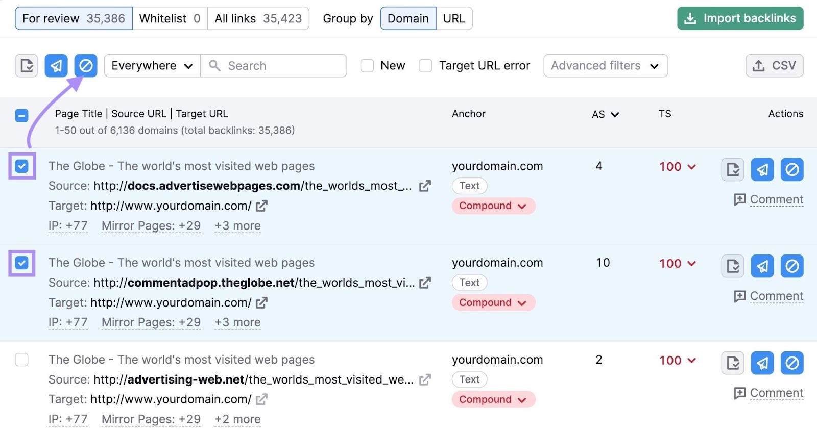 Select links to disavow in Backlink Audit tool