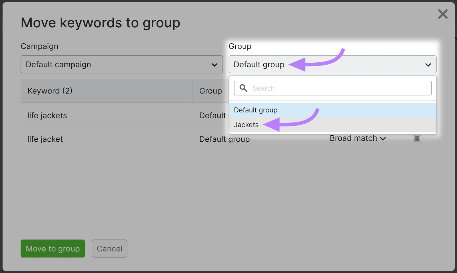 'Jackets' highlighted in 'Group' drop-down menu in the 'Move keywords to group' window in Semrush PPC Keyword Tool