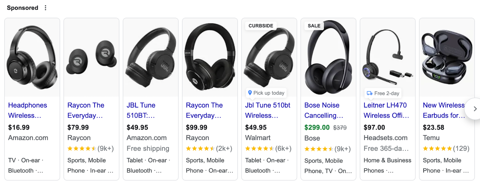 Google Shopping Ads for the query "wireless headphones"