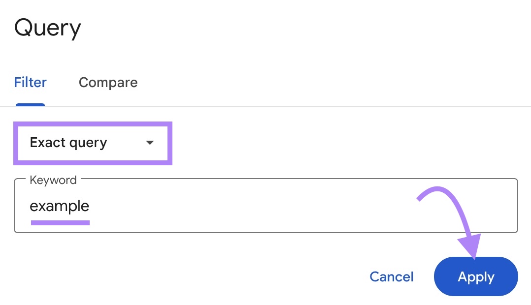 Query window showing “Exact query” selection in the drop-down and "example" keyword added