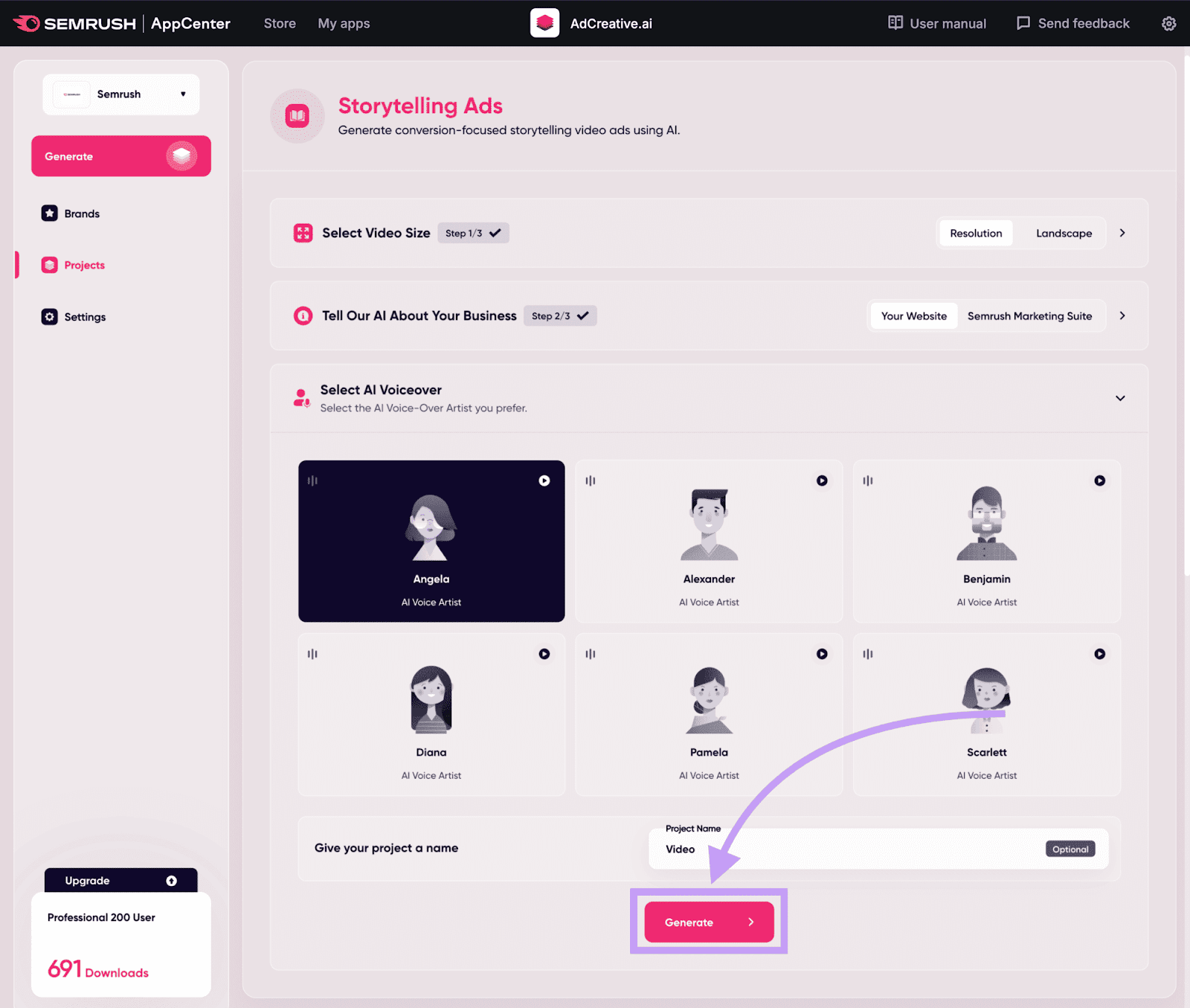 adcreative.ai storytelling ad settings