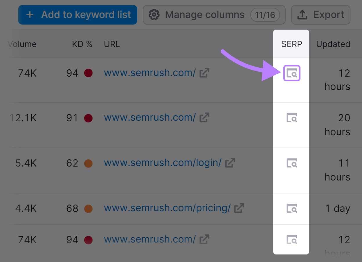 “SERP” column highlighted