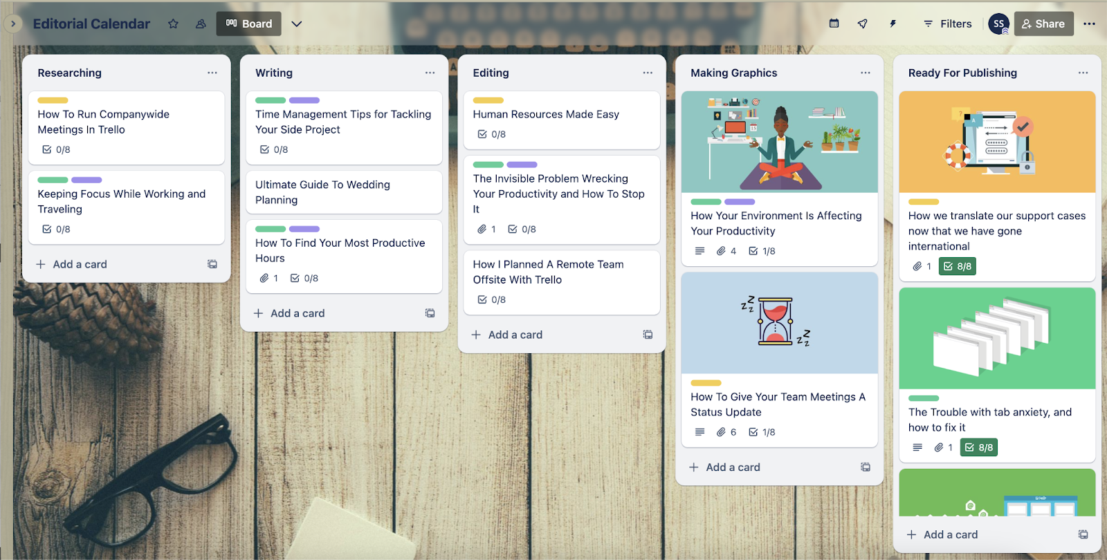 Trello content calendar example has content organized as cards in columns such as researching, writing, editing, graphics, and ready for publishing