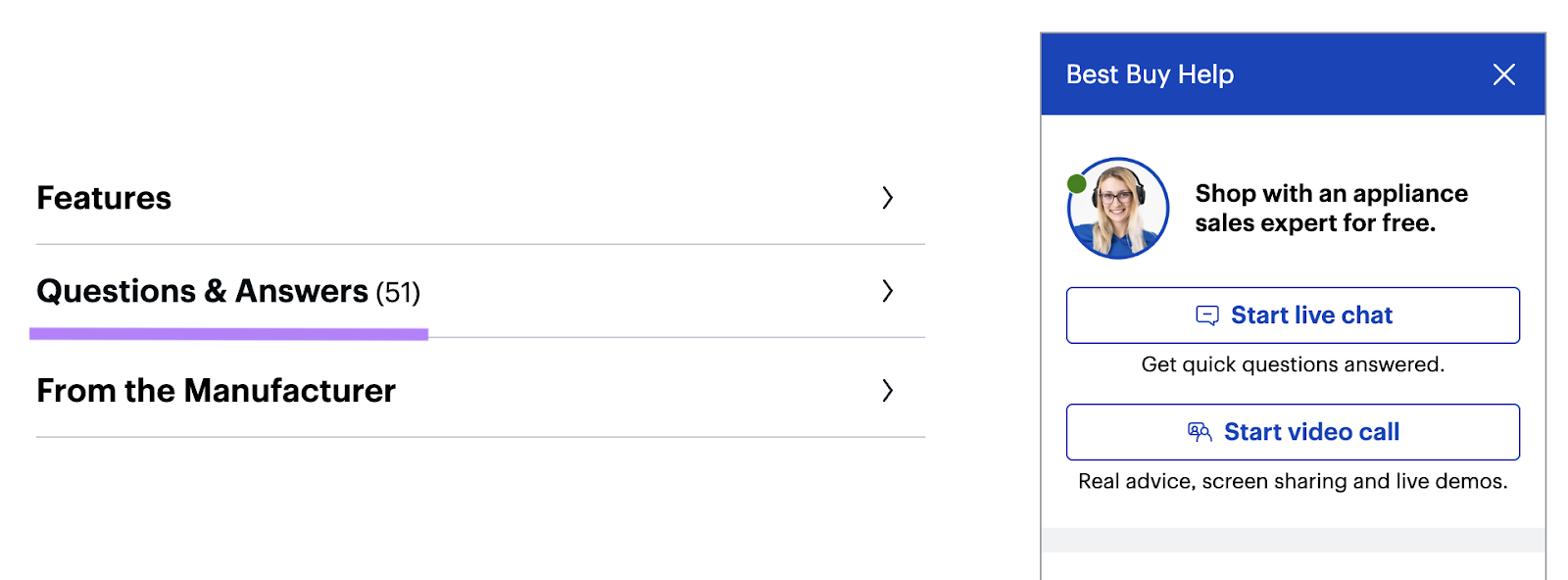 Best Buy product page question and answer drop-down and customer support chat bubble