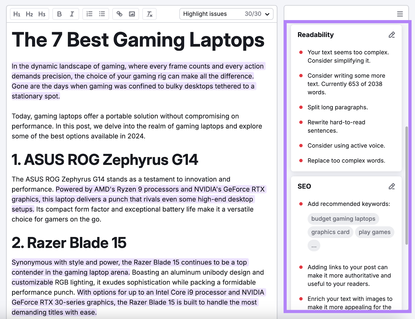 Suggestions for readability and SEO are listed such as splitting long paragraphs, using active voice, and adding recommended keywords