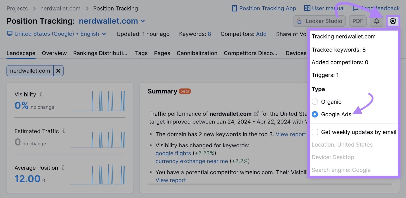 "Google Ads" selected from the drop-down menu in Position Tracking tool