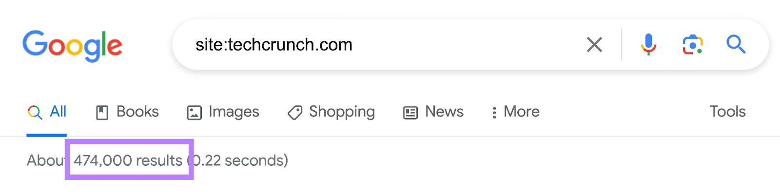 number of indexed pages for “site:techcrunch.com” showing "about 474,000 results (0.22 seconds)"
