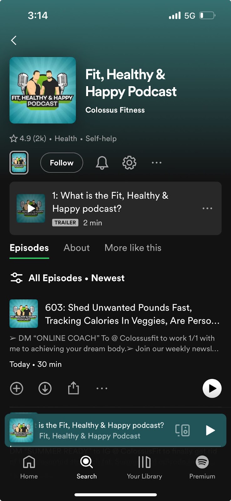 Spotify mobile interface showing the "Fit, Healthy & Happy Podcast" by Colossus Fitness