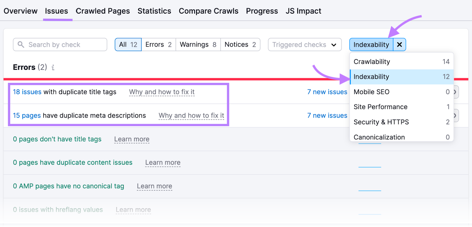 a list of "Indexability" issues in Site Audit tool, with "Category" filter highlighted