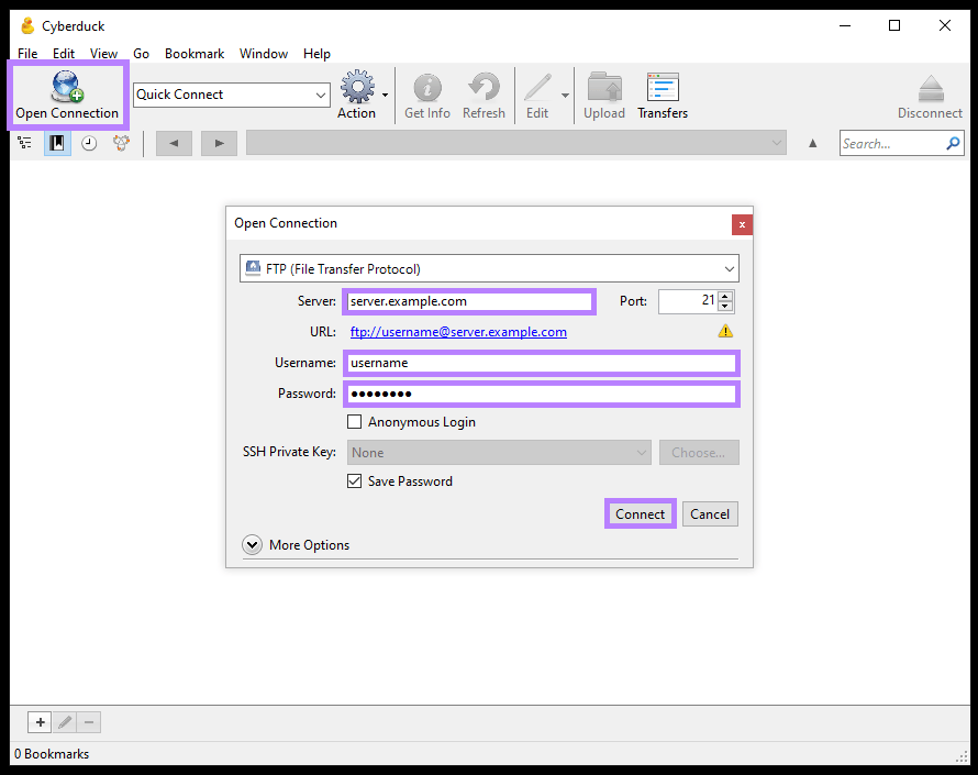 Cyberduck FTP client interface showing ability to open a connection to a website's files and an area to input login credentials.