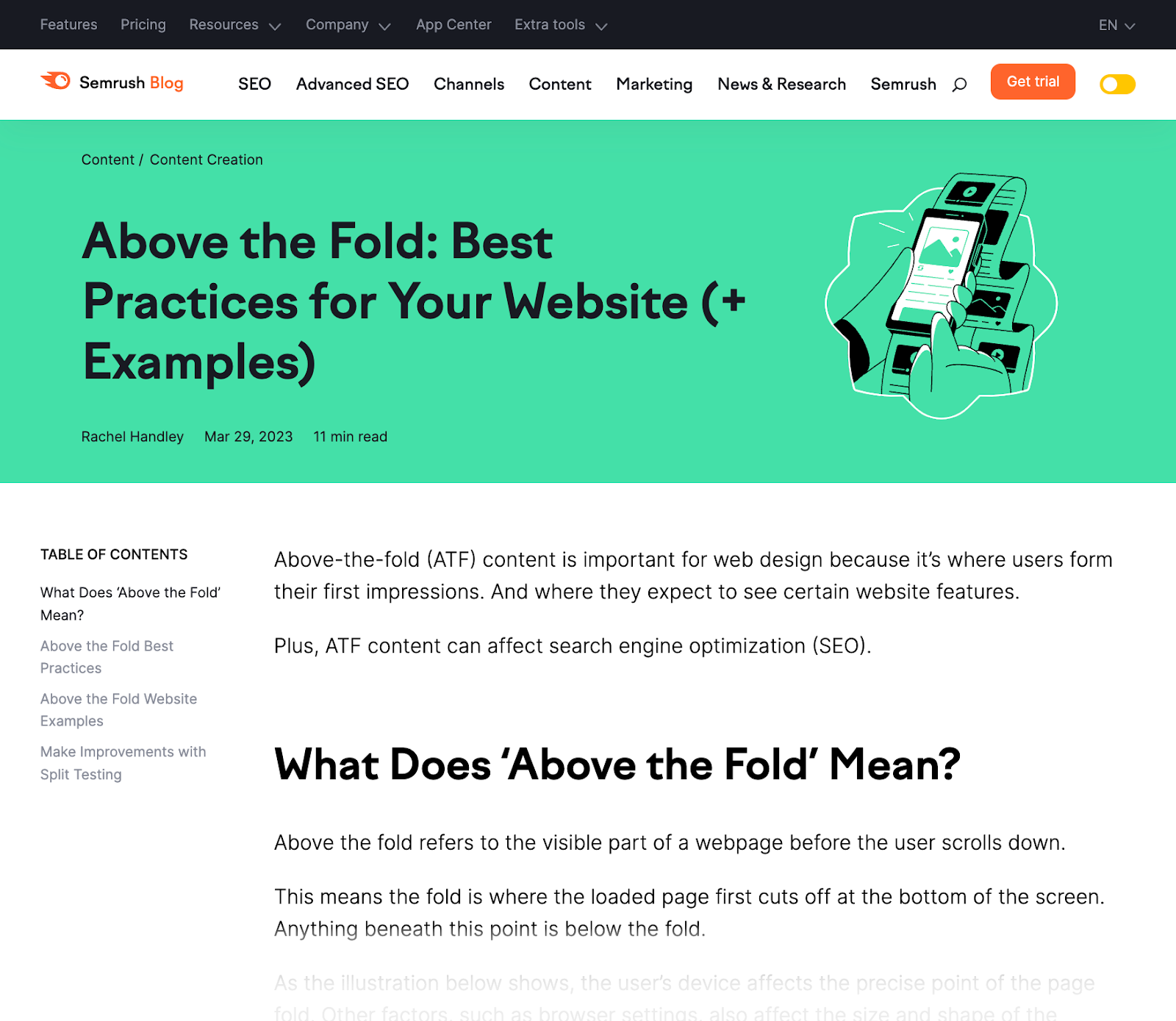 an article from Semrush about the above the fold content, showing titile, table of contents and other relevant information at the top of the page