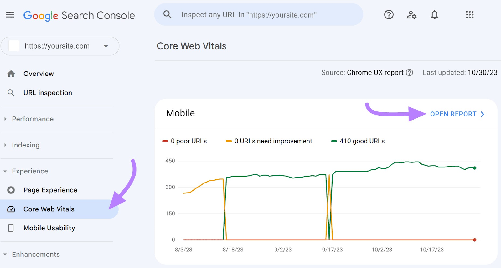 Navigating to “Core Web Vitals” in GSC menu