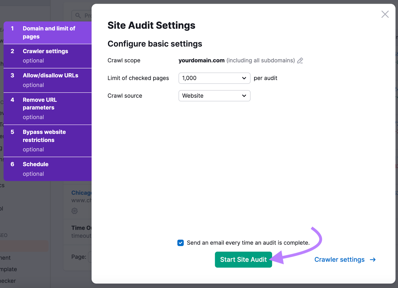 site audit settings popup